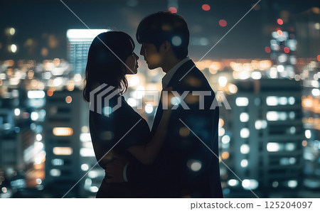 Adultery image. Silhouette of a man in a suit and a young woman kissing against the backdrop of a night view. Cheating scene Adultery image. Silhouette of a man in a suit and a young woman kissing against the backdrop of a night view. Cheating scene 125204097