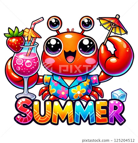 A cheerful crab enjoying summer with drinks and a vibrant atmosphere. 125204512