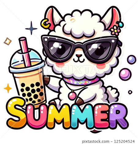 A cute cartoon llama enjoying summer with a drink and sunglasses. 125204524