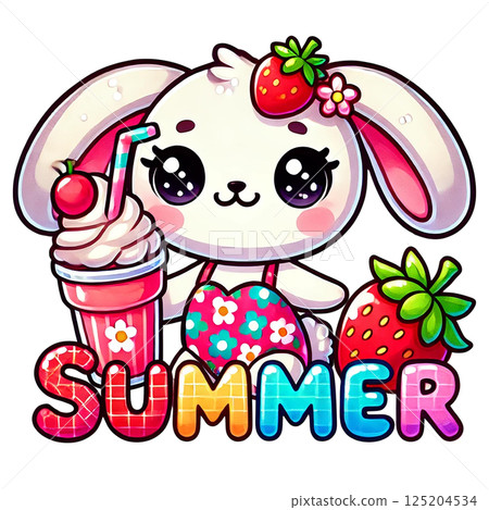 A cute summer-themed bunny with a drink and strawberries. 125204534