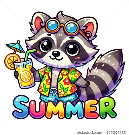 Cute raccoon enjoying summer with a refreshing drink and sunglasses. Cute raccoon enjoying summer with a refreshing drink and sunglasses. 125204585