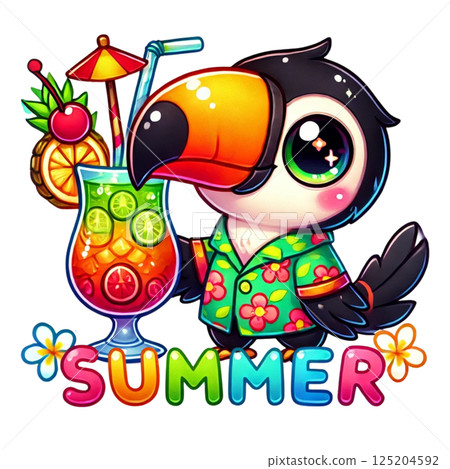 Cute summer toucan enjoying a colorful tropical drink with vibes. Cute summer toucan enjoying a colorful tropical drink with vibes. 125204592