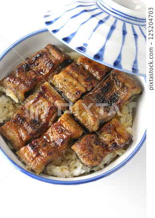 Aerial view of eel bowl on white background 125204703