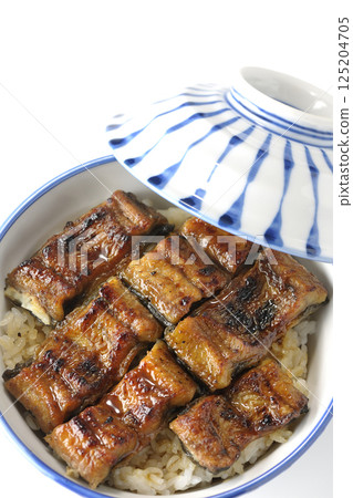 Aerial view of eel bowl on white background 125204705
