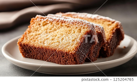 Delicious slices of freshly baked cake on a neutral plate, perfect for dessert lovers. 125204765