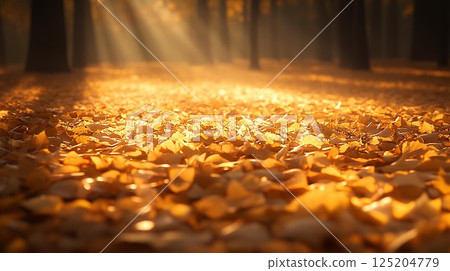 Sunlight filters through trees, illuminating a carpet of golden autumn leaves. 125204779