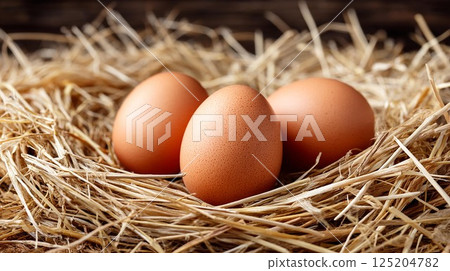 Three brown eggs nestled in straw, highlighting fresh, natural food ingredients. Three brown eggs nestled in straw, highlighting fresh, natural food ingredients. 125204782