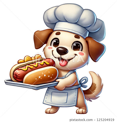 Cute cartoon dog chef serving delicious hot dogs on a plate. 125204919