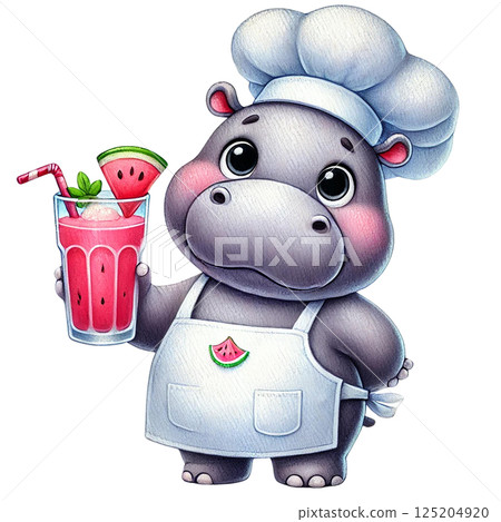 Cute cartoon hippo chef holding a refreshing watermelon drink. 125204920