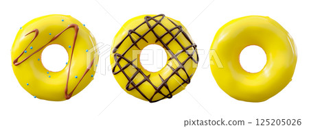 Donuts with yellow lemon glaze, sprinkles, white drizzle, and dots isolated on white transparent background 125205026