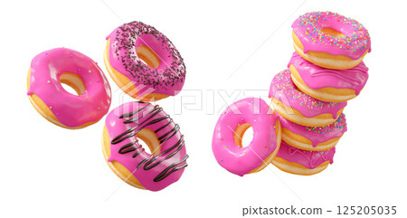 Donuts with pink fruit glaze, sprinkles, white drizzle, and dots isolated on white transparent background 125205035