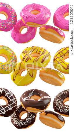 Assorted donuts with colorful icing, sprinkles, and chocolate isolated on white transparent background 125205042