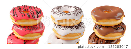 Assorted donuts with colorful icing, sprinkles, and chocolate isolated on white transparent background 125205047