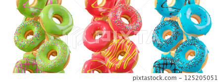 Assorted donuts with colorful icing, sprinkles, and chocolate isolated on white transparent background 125205051