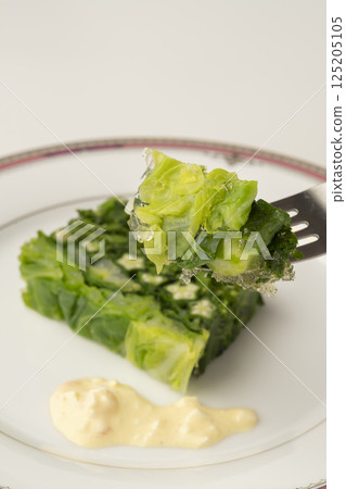 Lifting vegetable terrine with a fork Lifting vegetable jelly with a fork 125205105