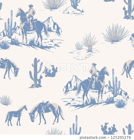 Cute Rodeo Cowboys seamless vector pattern. desert landscape with cacti repeating background. Wild West surface pattern design for All fabric and Prints Cute Rodeo Cowboys seamless vector pattern. desert landscape with cacti repeating background. Wild West surface pattern design for All fabric and Prints 125205278