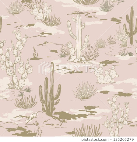 Seamless Pattern of Desert Landscape with Cacti and Vegetation. Wild West Surface Poster Design for All Fabrics and Prints. Background Wallpaper featuring Arizona vector artwork. Seamless Pattern of Desert Landscape with Cacti and Vegetation. Wild West Surface Poster Design for All Fabrics and Prints. Background Wallpaper featuring Arizona vector artwork. 125205279