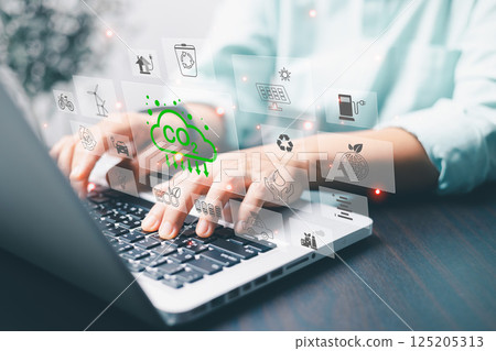 Sustainable development and green business based on renewable energy. Reduce CO2 emission concept with icons, global warming, Industrial emissions pollute environment and ecosystems. Renewable energy 125205313