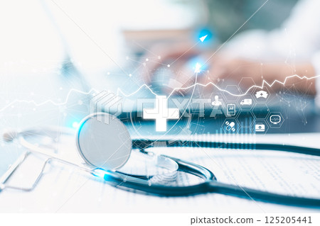 Healthcare business graph and data of Medical business growth on laptop, investment, financial and banking, Medical business report on global network. development innovation technology to improve 125205441