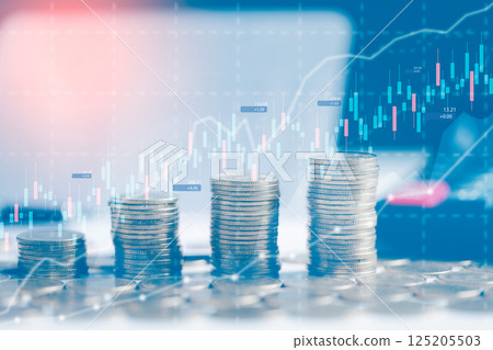 Double exposure of graph and rows of coins for finance and business concept. City and rows of coins for finance, banking. Stock market or forex trading graph for financial investment. Economy trends. Double exposure of graph and rows of coins for finance and business concept. City and rows of coins for finance, banking. Stock market or forex trading graph for financial investment. Economy trends. 125205503