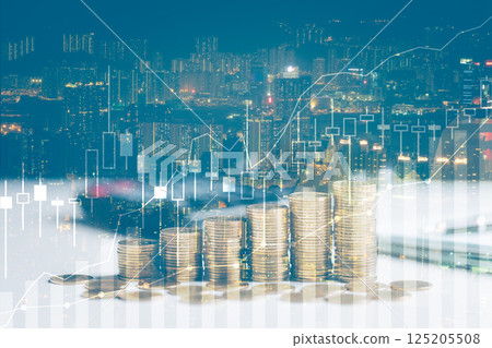 Double exposure of graph and rows of coins for finance and business concept. City and rows of coins for finance, banking. Stock market or forex trading graph for financial investment. Economy trends. Double exposure of graph and rows of coins for finance and business concept. City and rows of coins for finance, banking. Stock market or forex trading graph for financial investment. Economy trends. 125205508