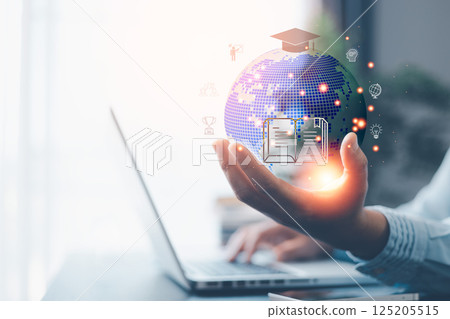 Futuristic internet communication concept. video tutorial, internet lessons, internet lessons and online webinar. Online lessons on a digital screen. Education internet Technology. 125205515