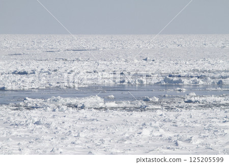 View of drift ice in the Sea of Okhotsk from the window of the Senmo Main Line train. Drift Ice Story Train and Drift Ice Norokko Train 125205599