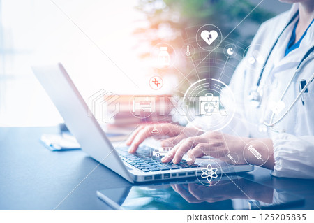 Digital healthcare and network connection on hologram interface, DNA. Medicine doctor with electronic medical record on tablet. Science and innovative, Medical technology and network concept Digital healthcare and network connection on hologram interface, DNA. Medicine doctor with electronic medical record on tablet. Science and innovative, Medical technology and network concept 125205835