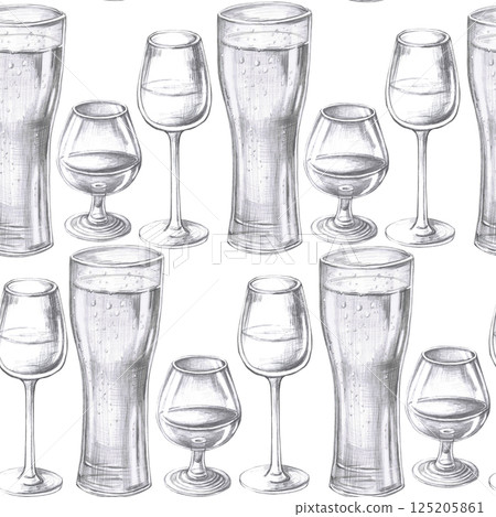 Seamless pattern with glasses of cognac, wine and beer. Isolated pencil illustration in realistic style for restaurant design, menu design, poster printing. Seamless pattern with glasses of cognac, wine and beer. Isolated pencil illustration in realistic style for restaurant design, menu design, poster printing. 125205861