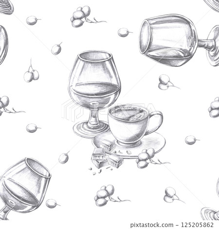 Seamless pattern with glasses of cognac, cup of coffee and pieces of chocolate. Isolated pencil illustration in realistic style for restaurant design, menu design, poster printing 125205862