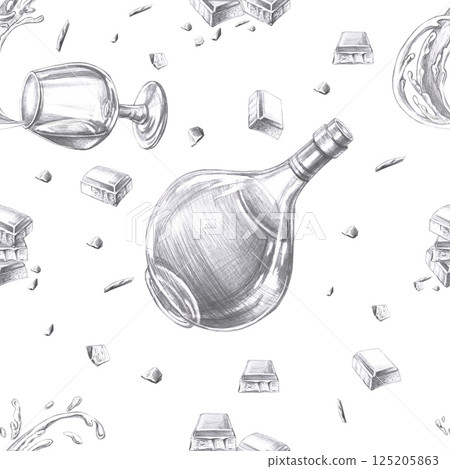 Seamless pattern with cognac bottle, glasses and chocolate pieces. Isolated pencil illustration in realistic style for restaurant design, menu design, poster printing. Seamless pattern with cognac bottle, glasses and chocolate pieces. Isolated pencil illustration in realistic style for restaurant design, menu design, poster printing. 125205863
