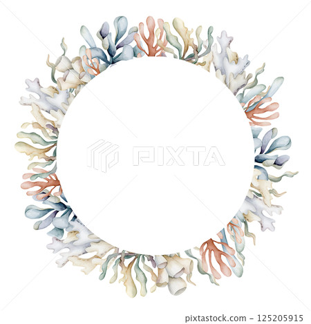 Seaweeds Algae Sea Corals Wreath. Cute ocean marine underwater plants. Watercolor hand painted summer isolated pastel shades illustration for kids nursery decor baby shower undersea design cards label 125205915