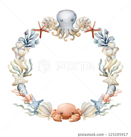 Sea Animals and Plants Wreath. Cute octopus, crab, seaweeds, coral, starfish, shell, sponge, pebbles. Watercolor hand painted summer isolated illustration for kids nursery baby shower undersea design 125205917