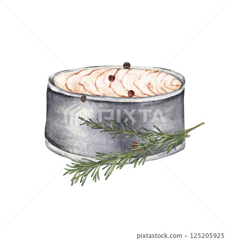 Open can of tuna with black peppercorns and rosemary sprigs 125205925