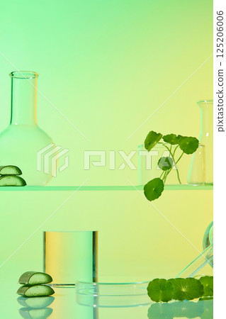 Laboratory equipment like flasks, petri dishes, beakers and measuring cups. Centella asiatica and aloe vera cut into pieces placed around for decoration. Gradient background with green and yellow. Laboratory equipment like flasks, petri dishes, beakers and measuring cups. Centella asiatica and aloe vera cut into pieces placed around for decoration. Gradient background with green and yellow. 125206006