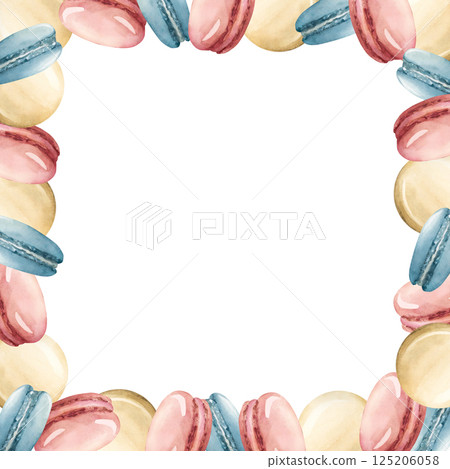 Cute Macaroons Frame. Pink, blue, beige macarons. Watercolor hand painted isolated food illustration for kids birthday party, baby shower, nursery clothes fabric, sweet textile, confectionery, bakery Cute Macaroons Frame. Pink, blue, beige macarons. Watercolor hand painted isolated food illustration for kids birthday party, baby shower, nursery clothes fabric, sweet textile, confectionery, bakery 125206058