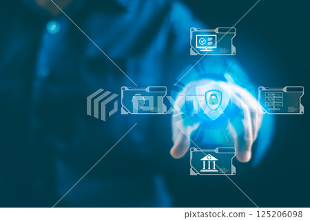 Cybersecurity and privacy concepts to protect data. Lock icon, internet network security technology. Secure cyber security. Businesswoman protecting personal information, attack software computer. 125206098