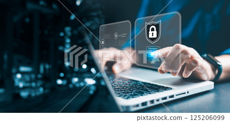 Cybersecurity and privacy concepts to protect data. user privacy security and encryption, secure internet access future technology and cybernetics, screen padlock. Global network security technology. 125206099