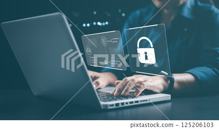 Cyber security network. Cybersecurity concept Global network security technology, business people protect personal information. Technology networking, cloud computing, data management, cybersecurity Cyber security network. Cybersecurity concept Global network security technology, business people protect personal information. Technology networking, cloud computing, data management, cybersecurity 125206103