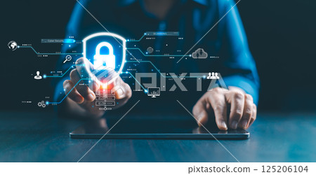 Cyber security network. Cybersecurity concept Global network security technology, business people protect personal information. Technology networking, cloud computing, data management, cybersecurity Cyber security network. Cybersecurity concept Global network security technology, business people protect personal information. Technology networking, cloud computing, data management, cybersecurity 125206104