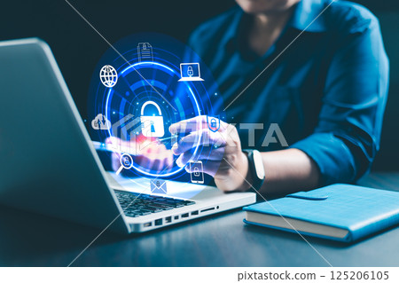 Cyber security network. Cybersecurity concept Global network security technology, business people protect personal information. Technology networking, cloud computing, data management, cybersecurity Cyber security network. Cybersecurity concept Global network security technology, business people protect personal information. Technology networking, cloud computing, data management, cybersecurity 125206105