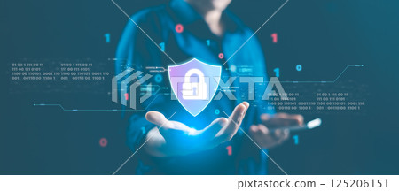 Cybersecurity and privacy concepts to protect data. Lock icon, internet network security technology. Secure cyber security. Businesswoman protecting personal information, attack software computer. Cybersecurity and privacy concepts to protect data. Lock icon, internet network security technology. Secure cyber security. Businesswoman protecting personal information, attack software computer. 125206151