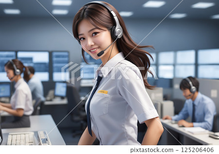 在呼叫中心工作的微笑女士 在呼叫中心工作的微笑女士 125206406