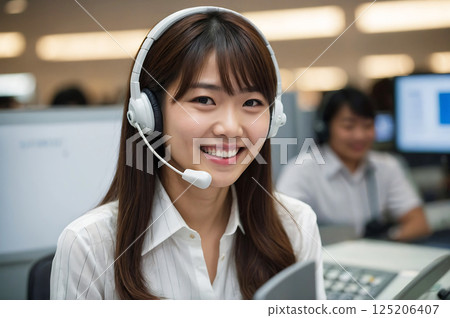 在呼叫中心工作的微笑女士 在呼叫中心工作的微笑女士 125206407