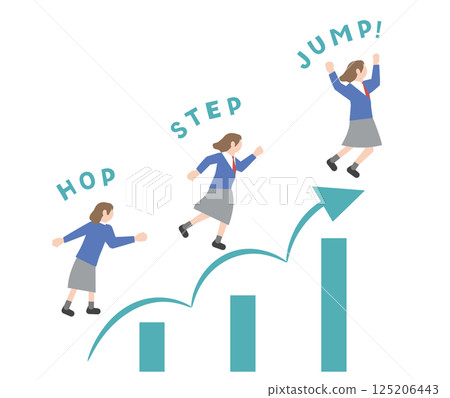 Pictogram-style female student with the image of stepping up, leveling up, skill improvement, jumping up, and growth 125206443