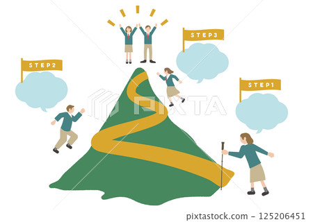 Pictogram-style male and female students with images of stepping up, leveling up, skill improvement, jumping up, and growth 125206451