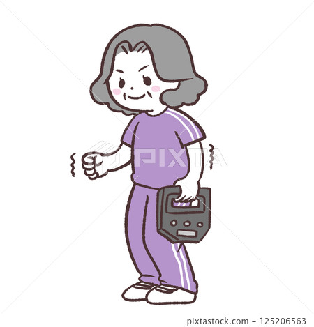 Full-body illustration of a senior woman measuring her grip strength Full-body illustration of a senior woman measuring her grip strength 125206563