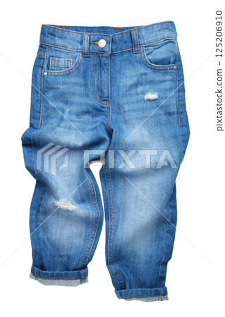 Modern little girl's jeans isolated on white, top view 125206910