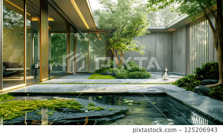 Serene Modern Garden with Tranquil Water Feature Serene Modern Garden with Tranquil Water Feature 125206943