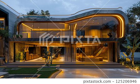 Modern luxury house with glass walls and ambient lighting, surrounded by nature and featuring an elegant design. 125206946